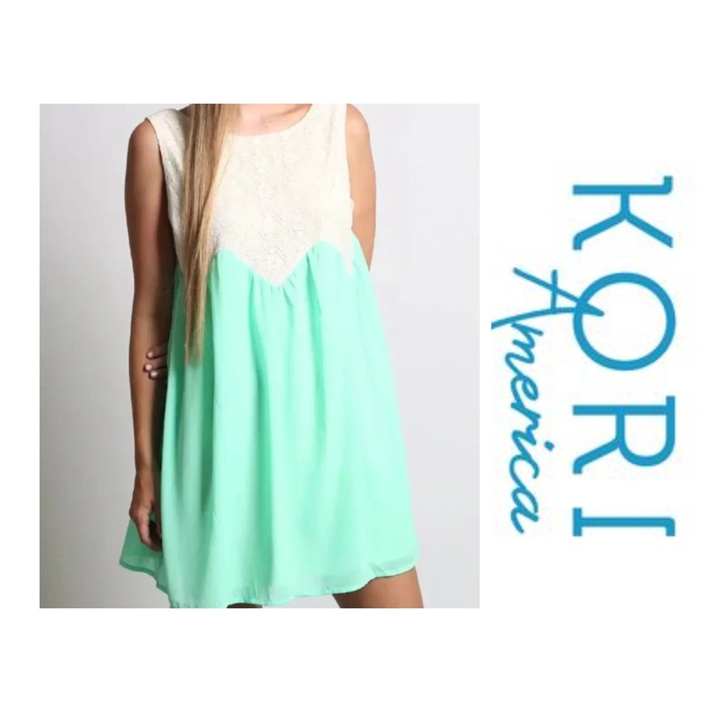 Kori America Mint Green Ivory Lace Sleeveless Lined Baby Doll Mini Dress Size L